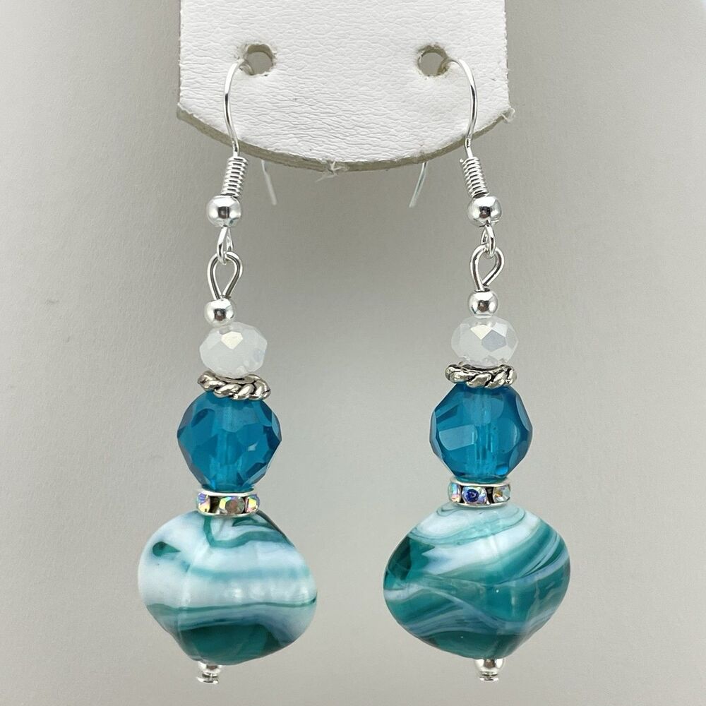Artisan Teal Blue Crystal White Glass Beaded Silver Tone Dangle Earrings Boho